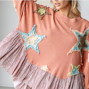 OH111 Peach MINERAL WASHED START PATCHED RUFFLE HEM